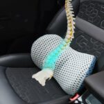 Petit coussin orthopédique lombaire avec une housse en mesh posé sur un siège de voiture avec une image virtuelle de colonne vertébrale.
