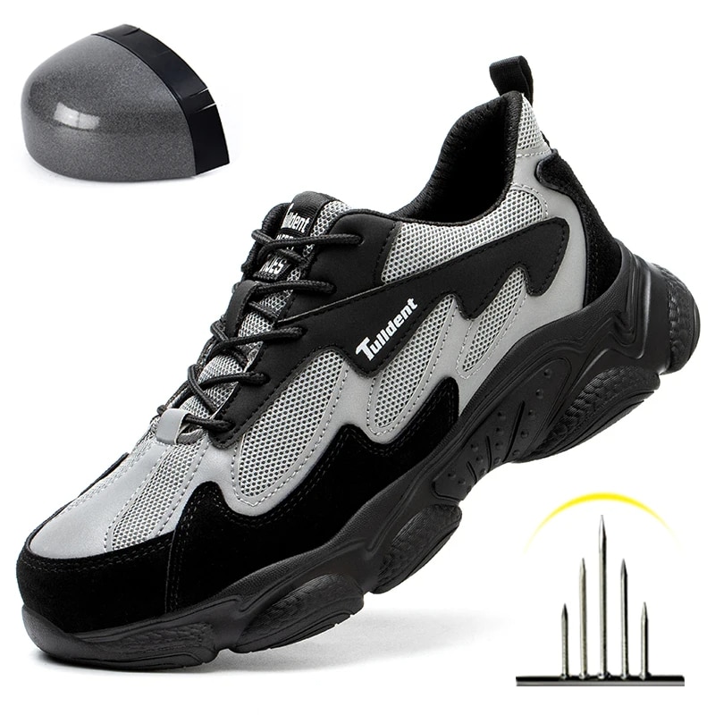 Chaussures de sécurité orthopédique légères style baskets avec la protection coquée des clous à côté sur fond blanc